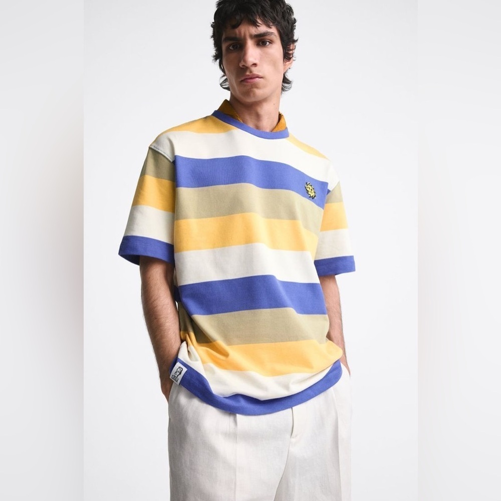 ZARA x Iñigo Studio Striped Oversized T-Shirt Blue Yellow XL - Picture 1 of 6